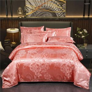 Zestawy pościeli luksusowe satynowe zestaw Jacquard różowy złoty kolor kołdrę nordycka prosta kołdra arkusz łóżka dla kobiety tkaniny domowe