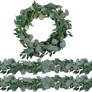 Dekoracyjne kwiaty wieńce Huadodo 3pack 6 5 stóp sztuczny srebrny dolar eukaliptus liście girlandę z wierzbą winorośl zieleń F1905