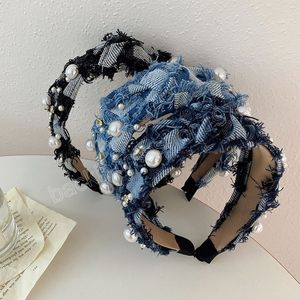 Kızlar Denim Head Bands Pearl Rhinestone Düğümlü Saç Kasnağı Geniş Yan Patchwork Saç Aksesuarları Kadınlar İçin Düzenli Saç Bantları Y2K