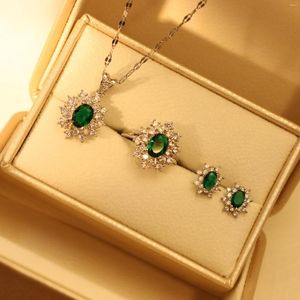 Necklace Earrings Set Stainless Steel Luxury Non-fading Oval Green Crystal Zircon Pendant Ring Jewelry For Women Gifts