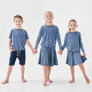 Familj matchande kläder barn pojkar flickor lösa topp kjol vår sommarsyra tvättade familj matchande kläder barn mode casual set och kläder 230728