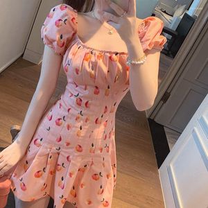 Casual Dresses Square Neck Off Shoulder Pleated Peach Dress Women Short Vestido Floral Printed Y2k Korean Robe Femme Slim High Sexy