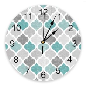 Wall Clocks Cyan Turquoise Grey Geometric Moroccan Large Clock Dinning Restaurant Cafe Decor Round Silent Home Decoration