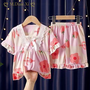 Pajamas Summer Cartoon Set Children Boy Girl Shortsleeve Cotton Sleepwear Pullover Nightwear Homewear Clothes 230728