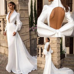 2021 White Long Sleeves Prom Dresses Sexy Deep V Neck Mermaid Formal Evening Gowns Backless Sweep Train Big Bow Party Dress200Z