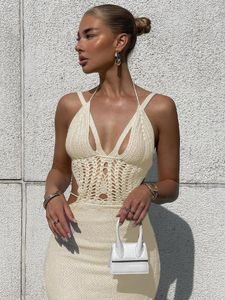 Casual Dresses Summer Sexy Y2K Clothes Hollow Out Lace Up Sleeveless Backless Side Slit Crochet Bodycon Midi Dress For Women 2023 Club