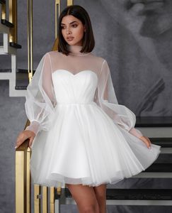 Elegante vestido de noiva civil de tule curto linha A mangas compridas gola alta vestidos de noiva com faixa frisada Robe De Soirée para mulheres