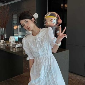 Summer ladies doll collar drill lantern sleeve dress, tweed fabric soft and comfortable, simple and casual version, everyday fashion.