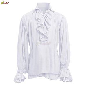 Men's Casual Shirts Medieval Viking Halloween Costumes Autumn Casual Shirts Steampunk Cosplay Bandage Long Sleeve Ruffled Shirt Gothic Blouse Tops 230728