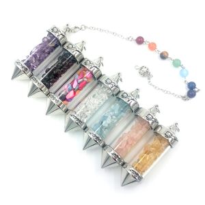 JLN Gravel Stone Wish Bottle Pendulum Natrual Quartz Peridot Garnet Lapis Chip Stone Charm Pendant With Seven Chakra Chain For Divination