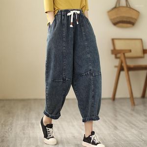 Women's Jeans 8011 Spring Summer Fashion Women Elastic Waist Loose Casual Vintage Denim Pants Female Patchwork Stitch Thin Baggy Trouser