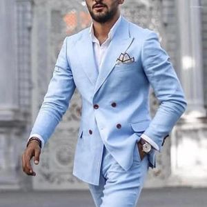 Herrdräkter Est Design Sky Blue Slim Fit Men 2023 Senaste brudgummen Wedding Tuxedos Costume Homme 2 Pieces