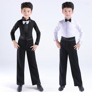 Traje de Palco Meninos Traje de Dança Latina Salão de Baile Cha Rumba Salsa Tango Conjunto de Roupas para Performance Infantil Preto Branco Laço Roupa de Dança299h