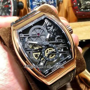 New Vanguard V 45 S6 SQT Rose Gold Case Automatic Mens Watch Skeleton Black Dial Leather Strap High Quality Tourbillon Gents Sport325O