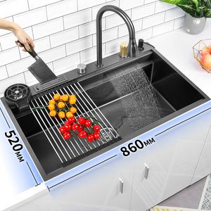 Black Nano 304 Stainless Steel Waterfall Kitchen Sink Large Single Slot Wash Basin With Multifunction Touch Fauce