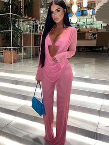 Women s Two Piece Pants 3Pcs Woman Sexy Strapless Mesh Backless Trousers Suit Lady Perspective Breathable Long Sleeve Lace Up Casual Draped 230728