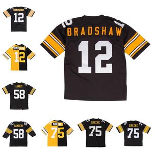 Genähtes Fußballtrikot 75 Joe Greene 58 Jack Lambert 12 Terry Bradshaw 1975 Mesh-Retro-Rugby-Trikots Herren Jugend S-6XL