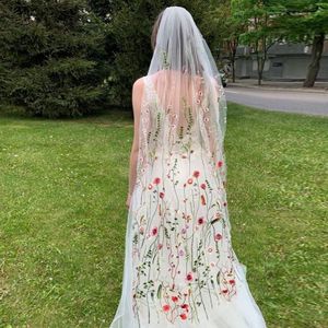 Tiaras 6090130cm Bridal Colored Floral Embroidery Lace Veil Boho Wedding Cathedral Flower Wreath 230729