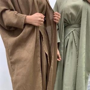Abbigliamento etnico 3 pezzi Musulmano Abaya Set Abito interno abbinato Kimono per donna Lino Modesto Gonna lunga aperta a portafoglio Abbigliamento Islam270y190R