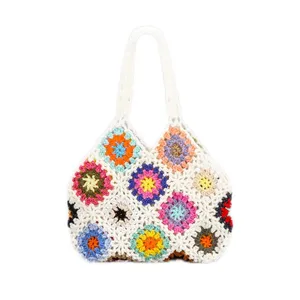 Women Tote Bag Floral Crochet Large Capacity Knitted Bag Trendy Handmade Cut-out Boho Bag Vintage Multicolor Hollow Out Handbag