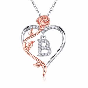 Iefil rose hjärthalsband gåvor för kvinnor, 925 Sterling Silver Rose Love Heart Initial Letter Pendant Necklace Jewelry Mothers Day Valentines D43224