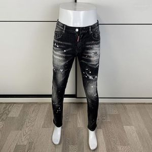 Herr jeans street mode män retro svart grå vintage stretch smal fit rippad målad designer hip hop varumärke byxor hombre