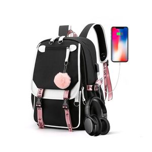 Torby szkolne duże torby szkolne dla nastoletnich dziewcząt USB Port Canvas School Torebka książka Student Bag Fashion Black Pink Teen School plecak 230729