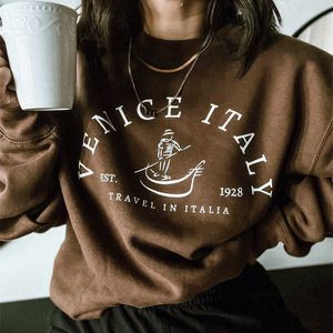 Damen Hoodies Sweatshirts Venedig Italien EST1928 Retro-Stil Oversize Langarm Pullover Herbst Baumwolle Casual Pullover Tumblr Mode Ästhetik 230728