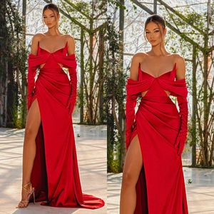エレガントな赤いイブニングドレスvネックスリーブパーティープロムスイープトレインプリーツ特別なOCN用の長いドレス
