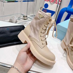 2023Autumn and Winter Triangle Logo Women's British Style Boots High Top Women's Shoes Martin Boots Short Boots Lace up Nylon Mid Boot