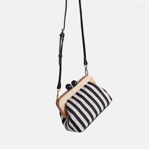 Evening Bags Vintage Striped Wooden Clip Shell Bag Shoulder Women Messenger Crossbody Canvas Handbags