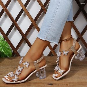 Sandali Sexy Peep Toe Elastic Band Summer Women Pvc Strass Flower Decoration Scarpa con tacco in cristallo spesso