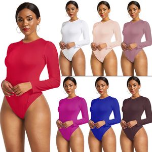 Damen Jumpsuits Rolpper 13 Farben Langarm O Hals Casual Bodysuit Frauen Körpert Spitzen weiß schwarze nackte Party Verbandkörpern Bodycon Strampler Körperanzug Jumper 230729