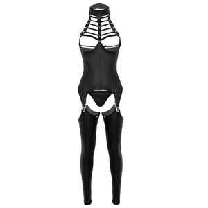 3Pcs Women Open Crotch Lingerie Set Halter Neck Bust Bra Crotchless Patent Leather Erotic Sexy Suit Cosplay Bodysuit Outfit Bras S306h