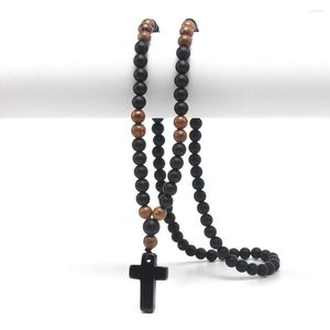 Pendant Necklaces Natural Stone 8mm Obsidien And Wood Round Beads Men's Necklace With Cross Handmade Jewelry