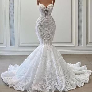 Sexy Pearls Mermaid Wedding Dress 2023 Lace Appliques Straps Bridal Formal Gown Custom Made Sleeveless Vestidos De Noiva