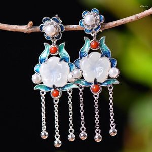 Dangle Earrings Natural White Jade Plum Blossom Flower Cloisonne Enamel Tassel Chain Drop 925 Sterling Silver Jewelry Women Gift