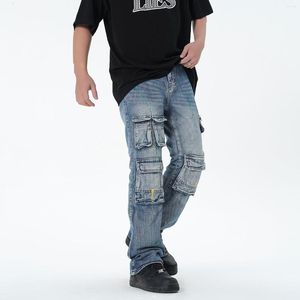 Erkekler kot pantolon sıkıntılı yıkanmış parlama pantolon erkek hip hop benek mürekkep y2k bol erkek çoklu cep kargo denim pantolon