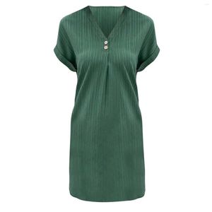 Casual Dresses Fashion Ladies V Neck Short Sleeve Solid Color Pullover Button Dress Simple For Women Womens Summer Halter