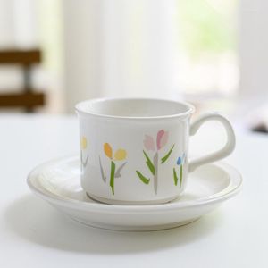 Tassen, Untertassen, frisches Tulpen-Porzellan-Kaffeeset mit Untertasse, 6 Unzen, niedliche Blumen-Espresso-Latte-Tasse, Vintage-Nachmittagsteetasse