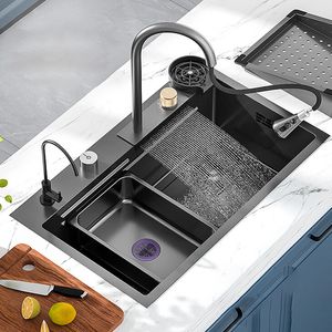 Şelale lavabo siyah paslanmaz çelik lavabo çok fonksiyonlu mutfak lavabo büyük tek kase bulaşık makinesi lavabo şelale musluk