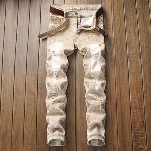 Men Casual Jeans Bleached Denim Pants Ripped Knee Holes Distressed Fasional Slim Trousers Plus Size 40 42241i