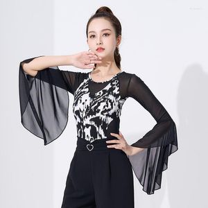 Scene Wear Latin Dance Jacket Training Clothes Body for Women and Adults Modern With Black Trumpet Sleeves