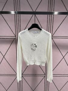 23FW Kadın Sweaters Knits Tasarımcı Kristal Boncuk Mektubu Deseni Yüksek Son Lüks Marka Kadın Mahkemesi Üstleri Mürettebat Boyun Uzun Kollu Gömlek Elastikiyeti Dış Giyim