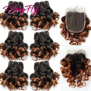 Hair pieces Short Brazilian Weave Bundles With Closure Curly Funmi Human 6 Extensions with 4x1 T Part 230728
