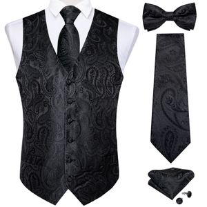 Men's Vests Men Black Paisley Vest Necktie Bowtie Pocket Square Cufflinks Dress Set Classic 5 PCS Business Waistcoat for Man 230729