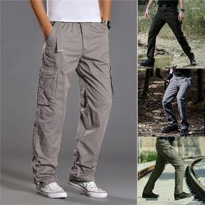 Calças masculinas casuais de algodão cargo bolso solto reto elástico calças de trabalho marca ajuste joggers outono masculino