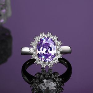 Anello di ametista in argento sterling con diamante S925 di simulazione femminile di moda. Commercio all'ingrosso di gioielli europei e americani di alta qualità