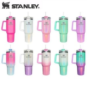 Stanley 40oz Giltter sublimering tumbler koppar med handtagslock och halmgradientfärg isolerad rostfritt stål bilmuggar håller DR2192