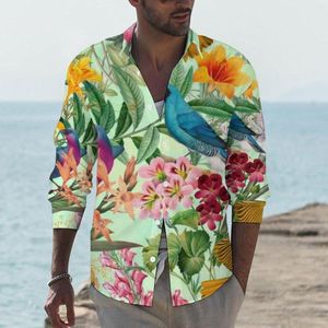 Men's Casual Shirts Birds Print Shirt Autumn Tropical Paradise Floral Men Novelty Blouses Long Sleeve Graphic Funny Tops Plus Size 4XL